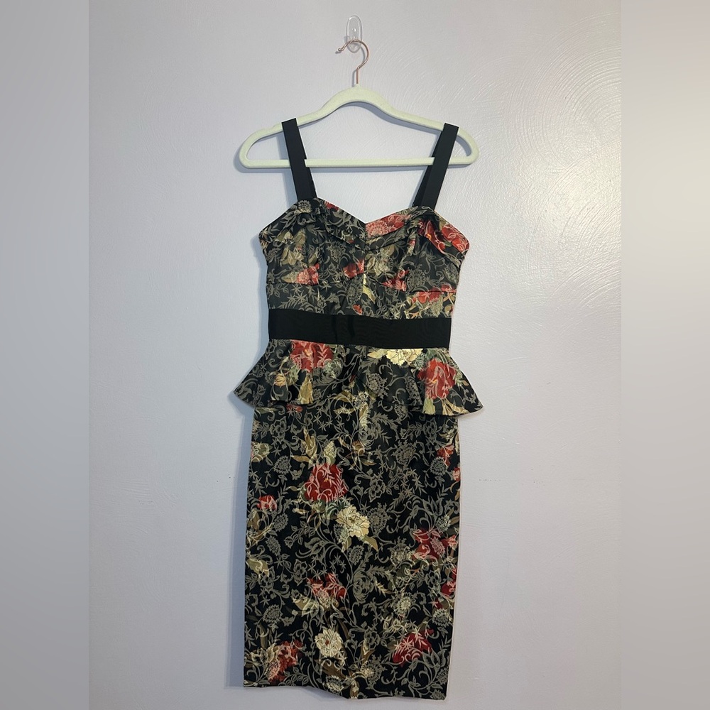Antonio Melani Floral Jacquard Black Dress with Peplum Detail Size 0